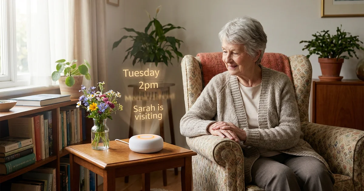 Elderly woman listening to a glowing voice button in a warm living room